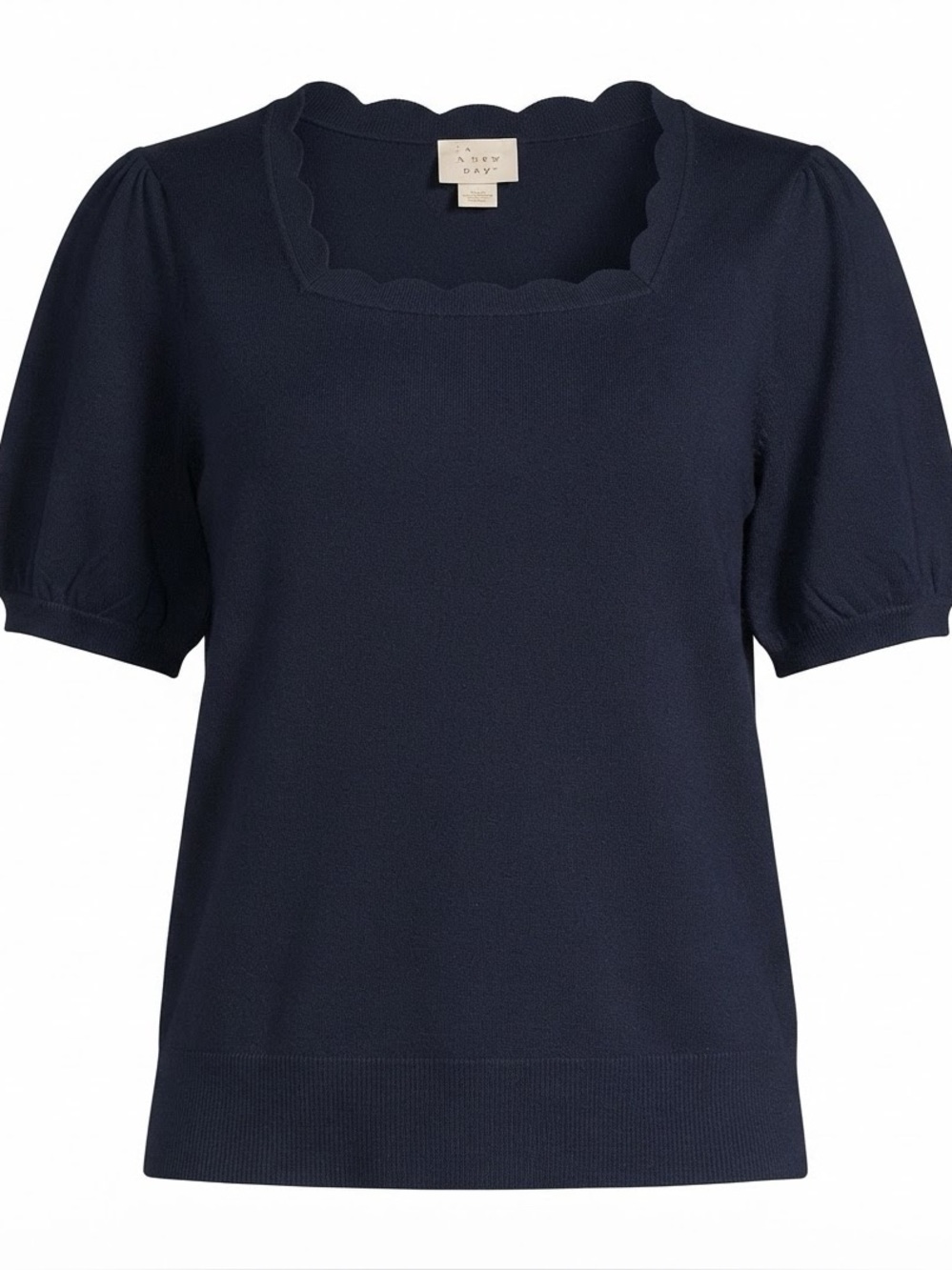 Melissa Paige Navy Scallop Square Neck Short Sleeve Top